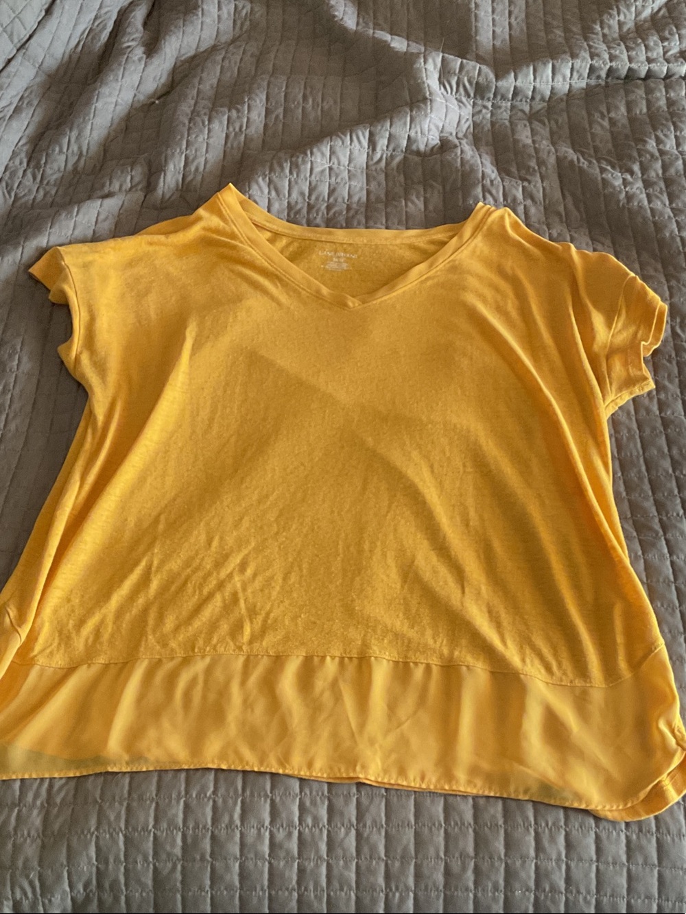 Lane Bryant Yellow V-Neck Short Sleeve Top with Sheer Hem